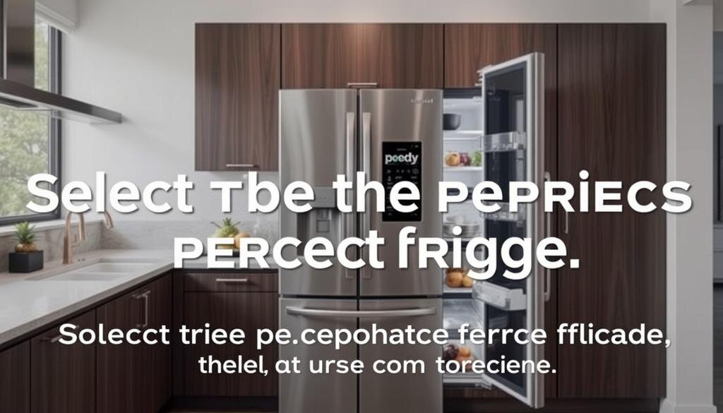    Изображение холодильника на фоне кухни.