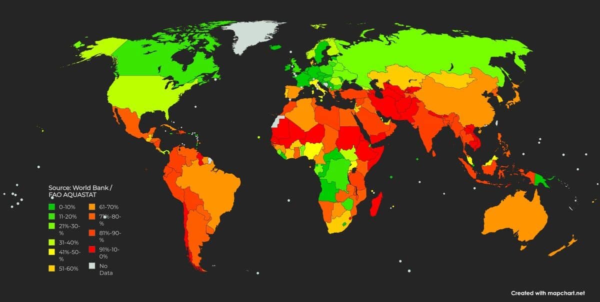    Потребление воды в мире: доля сельского хозяйства по странам / © mapchart.net