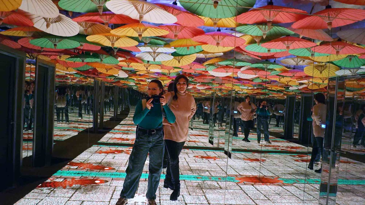 В этой комнате, в подземелье, — зеркальные стены, зонтики на потолке, а под ногами — огромный медиаэкран, который реагирует на ваши движения. Листайте галерею, чтобы увидеть еще фото