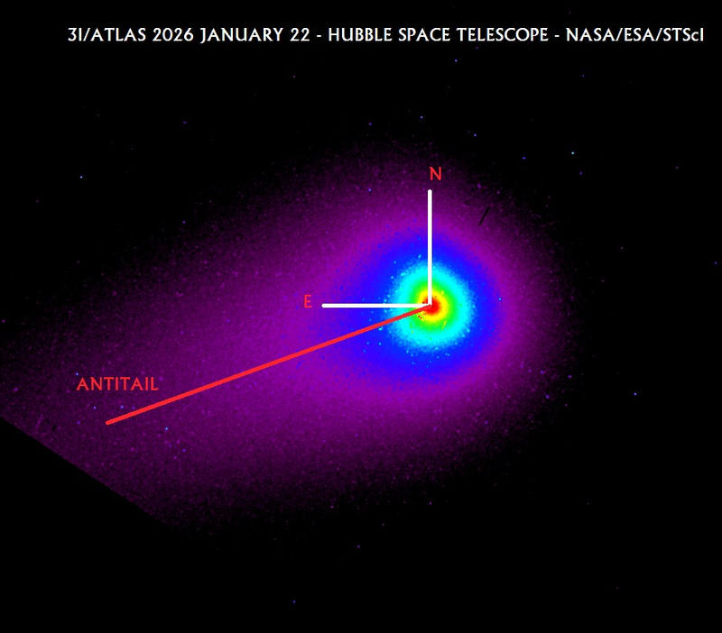 Карта яркости в псевдоцветах объекта 3I/ATLAS, полученная 22 января 2026 года с выдержкой 170 секунд камерой WFC3 UVIS (F350LP) космического телескопа «Хаббл».