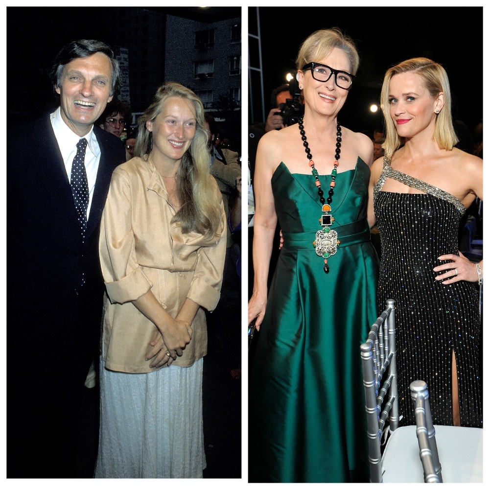 Алан Альда и Мерил Стрип в Нью-Йорке, 1979 год (фото слева) и Мерил Стрип и Риз Уизерспун на 26-й ежегодной церемонии награждения Гильдии киноактеров, 2020 год (фото справа) (Источник: Соцсети)