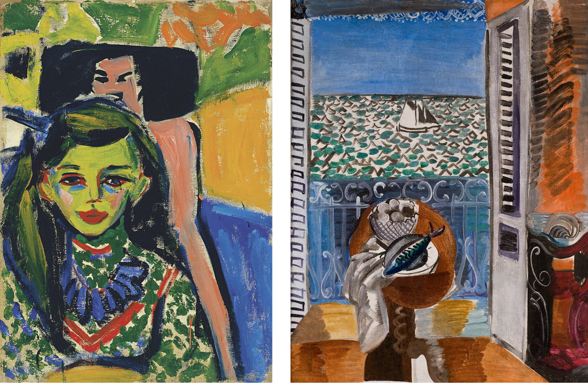 Эрнст Людвиг Кирхнер «Фрэнци перед резным стулом» (Экспрессионизм) | Рауль Дюфи «Вид из окна, Ницца» (Фовизм)