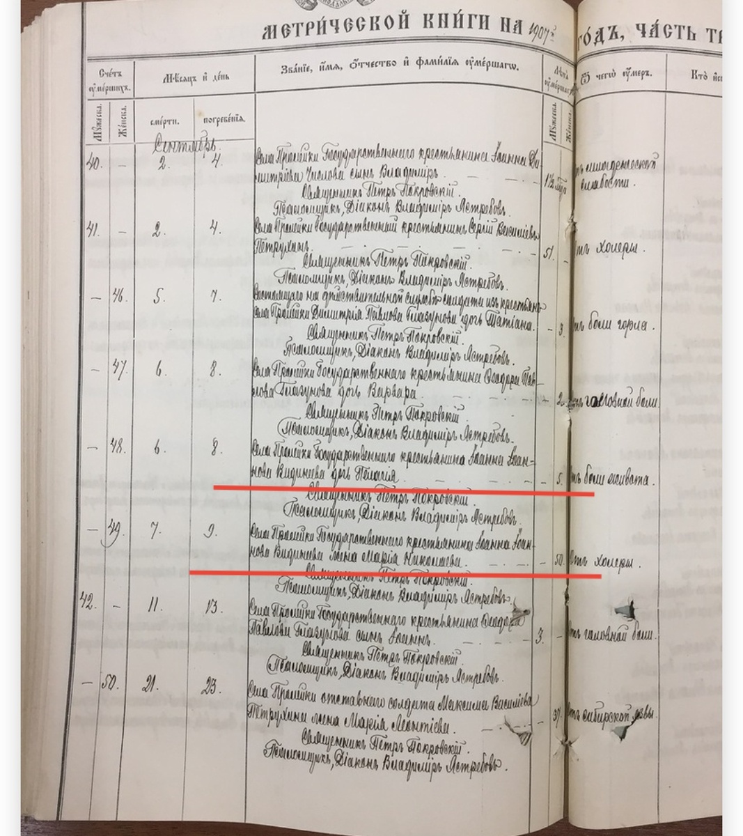 Метрическая книга церкви Ионна Богослова с. Пролейки 1907 Г. Записи смертей дочери и жены. ГАВО