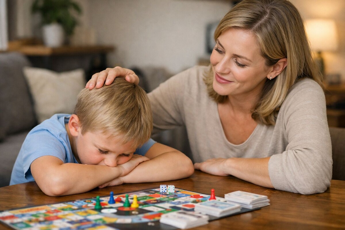 Мальчик переживает после проигрыша в настольно игре