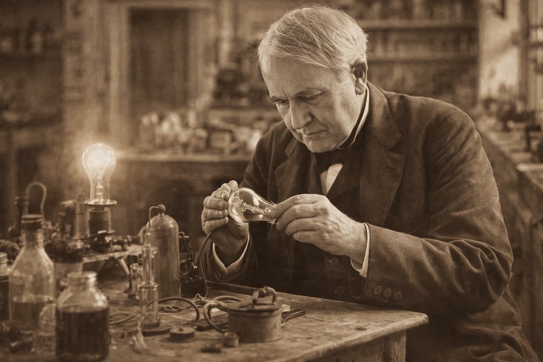 Томас Эдисон усердно работает над своим изобретением