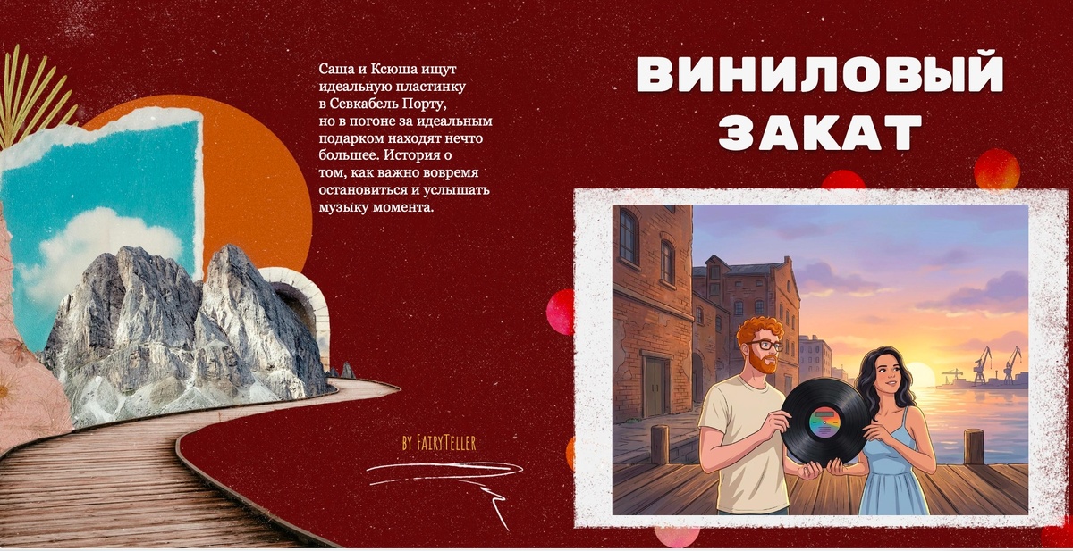 Обложка печатной книги "Виниловый закат", размером 15 на 15 см от FairyTeller.ru