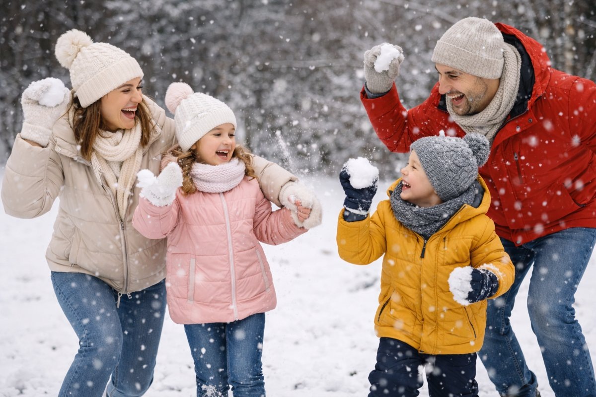Дети и родители играют в снежки