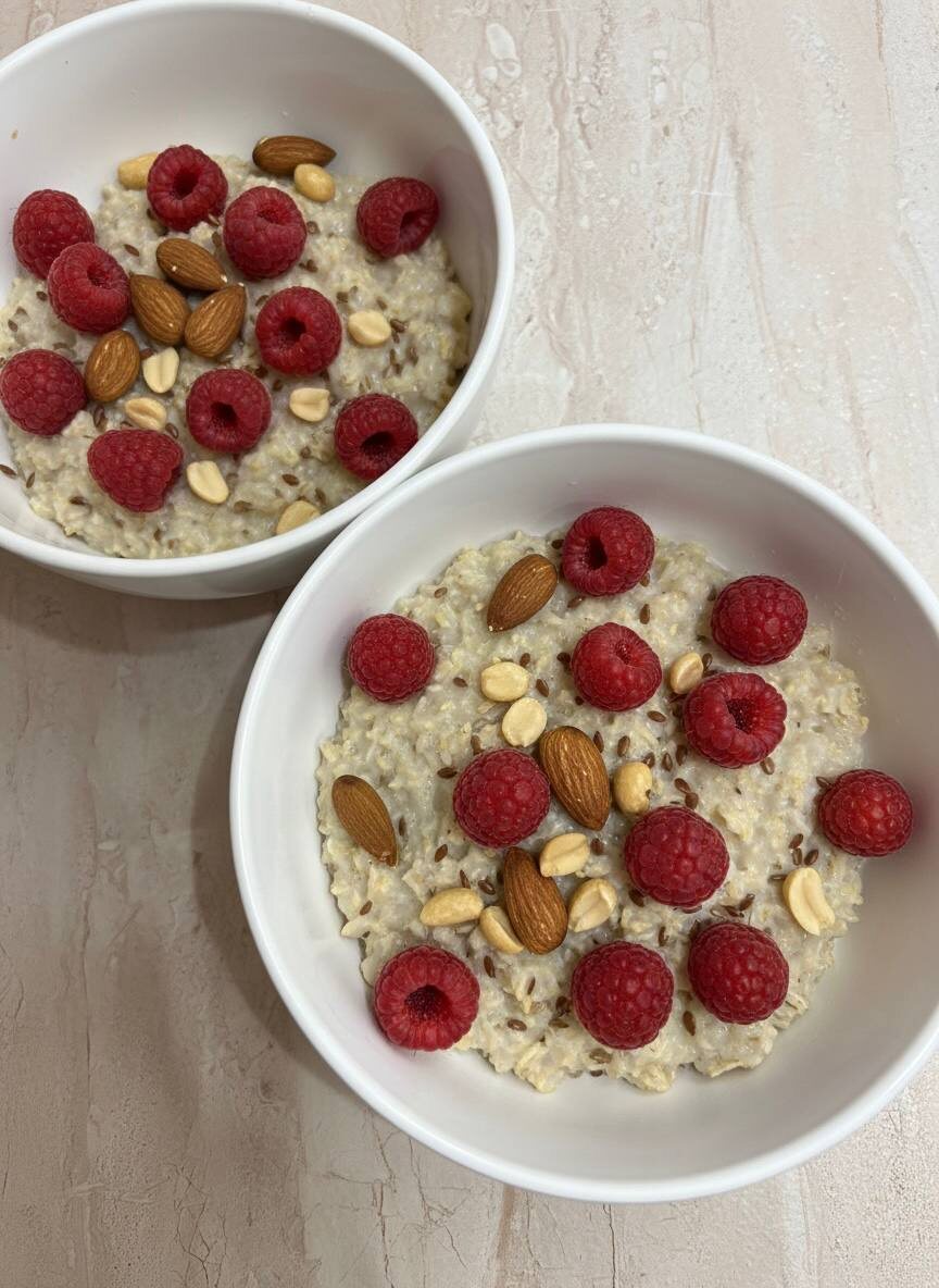 Ячнево-овсяная каша с арахисом, малиной, миндалём и семенами льна