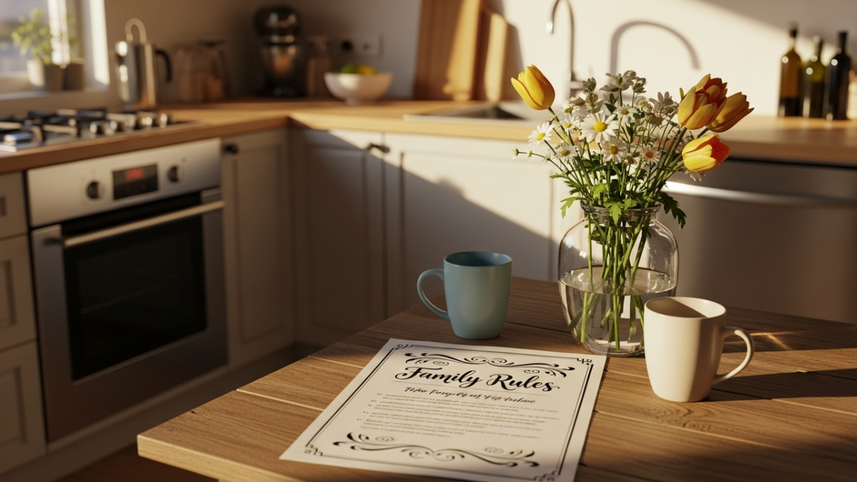 Уютная современная кухня на фоне теплого солнечного света. В центре на деревянном столе лежит красивый стилизованный документ под названием «Семейные правила».