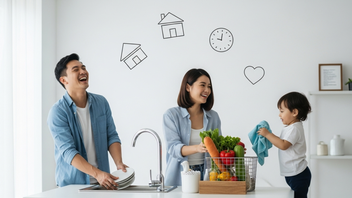Счастливая молодая пара и маленький ребенок в современном интерьере, игриво разделяющие домашние обязанности.