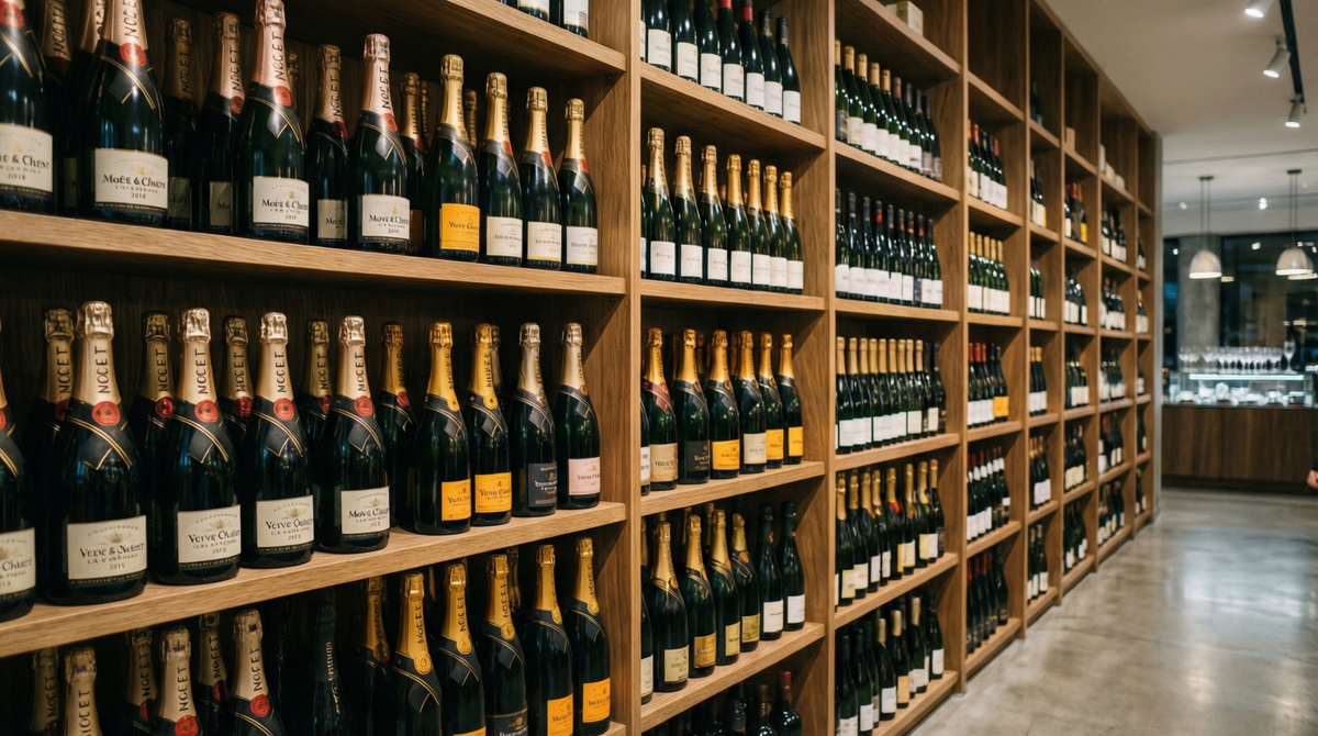 Полки с шампанским в магазине