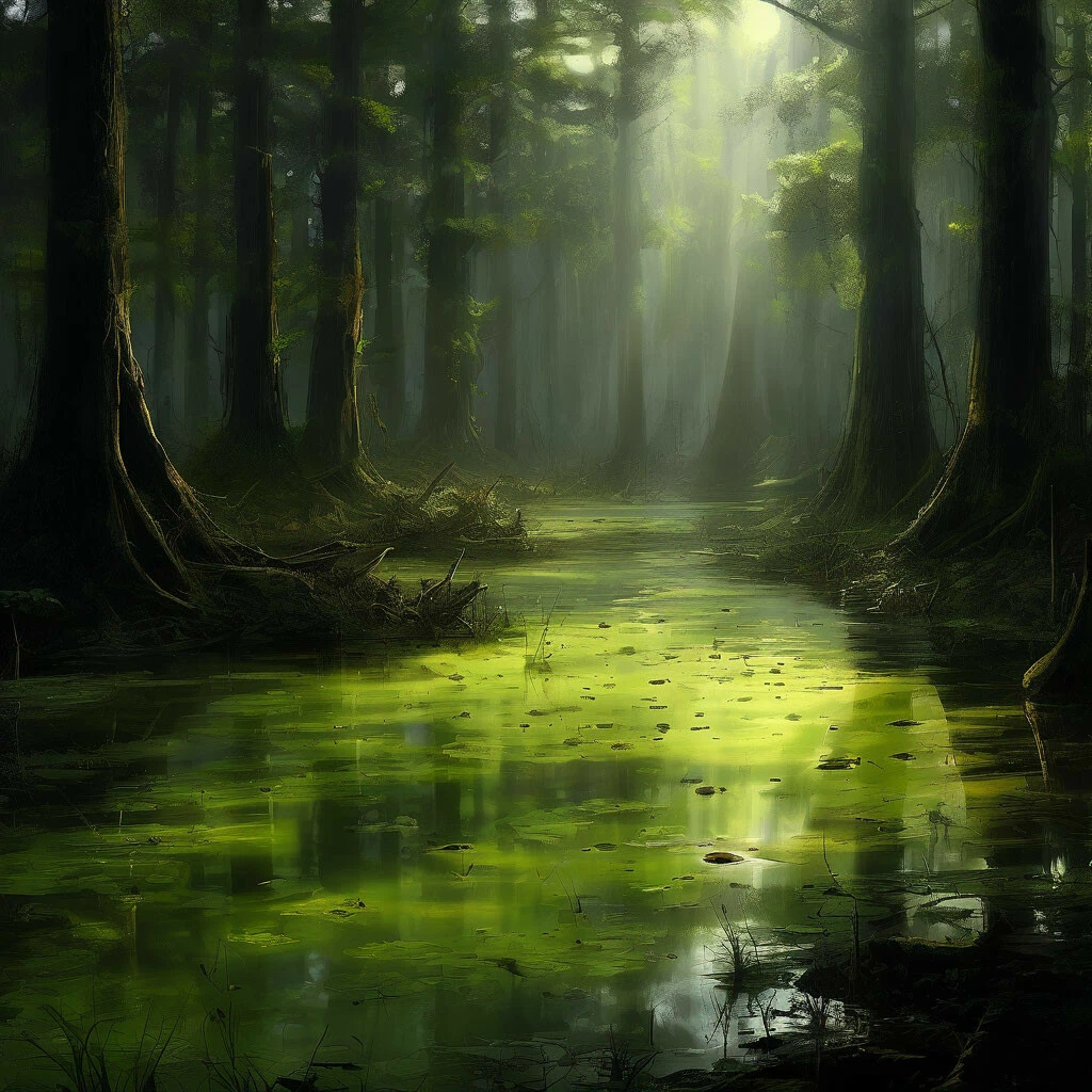 Болото в лесу,трясина, ряска shedevrum.ai Автор атевS 🦉