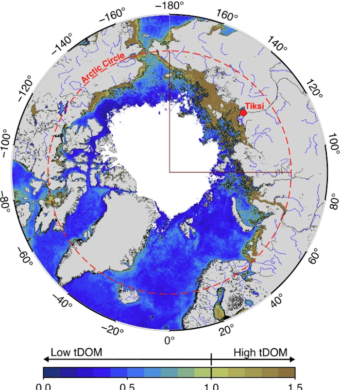 Цветовая шкала представляет значение коэффициента поглощения растворенного органического вещества, измеренного дистанционно, используемого здесь в качестве надежного индикатора общего растворенного органического вещества на сибирском континентальном шельфе. Белая область в центре представляет собой площадь морского льда. Карта представляет собой усредненные данные за июнь, июль, август и сентябрь (J,J,A,S) апериод 2010-2018 гг.
