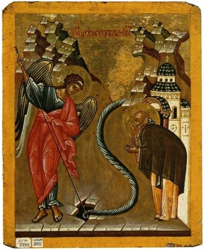 Создать карусельЧудо архангела Михаила в Хонех.
Архангел Михаил в зеленовато-синем гиматии и красном хитоне пробивает жезлом расщелину в горе, куда устремляется поток воды. Справа склонившийся пономарь Архип в оливковой мантии и желтой рясе. На втором плане лилово-серые «горки» с красными и зелеными бликами по уступам; за фигурой Архипа — одноглавый храм.