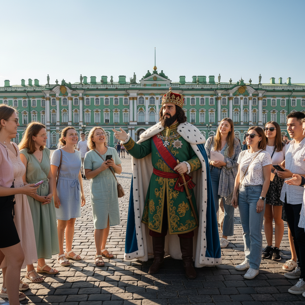 Петр Первый ведет экскурсию у Зимнего дворца