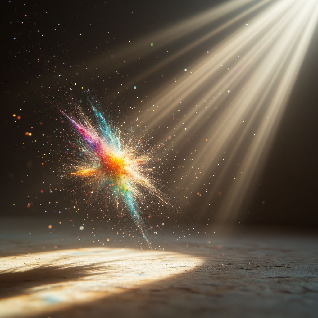 Макрофотография солнечного луча в комнате. Мириады пылинок парят в воздухе, похожие на разноцветные космические тела. 