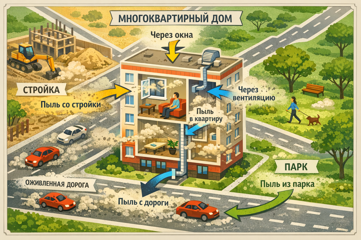 Инфографика в виде карты города. Стрелки показывают, как пыль из разных источников (стройка, дорога, парк) через окна и вентиляцию попадает в многоквартирный дом