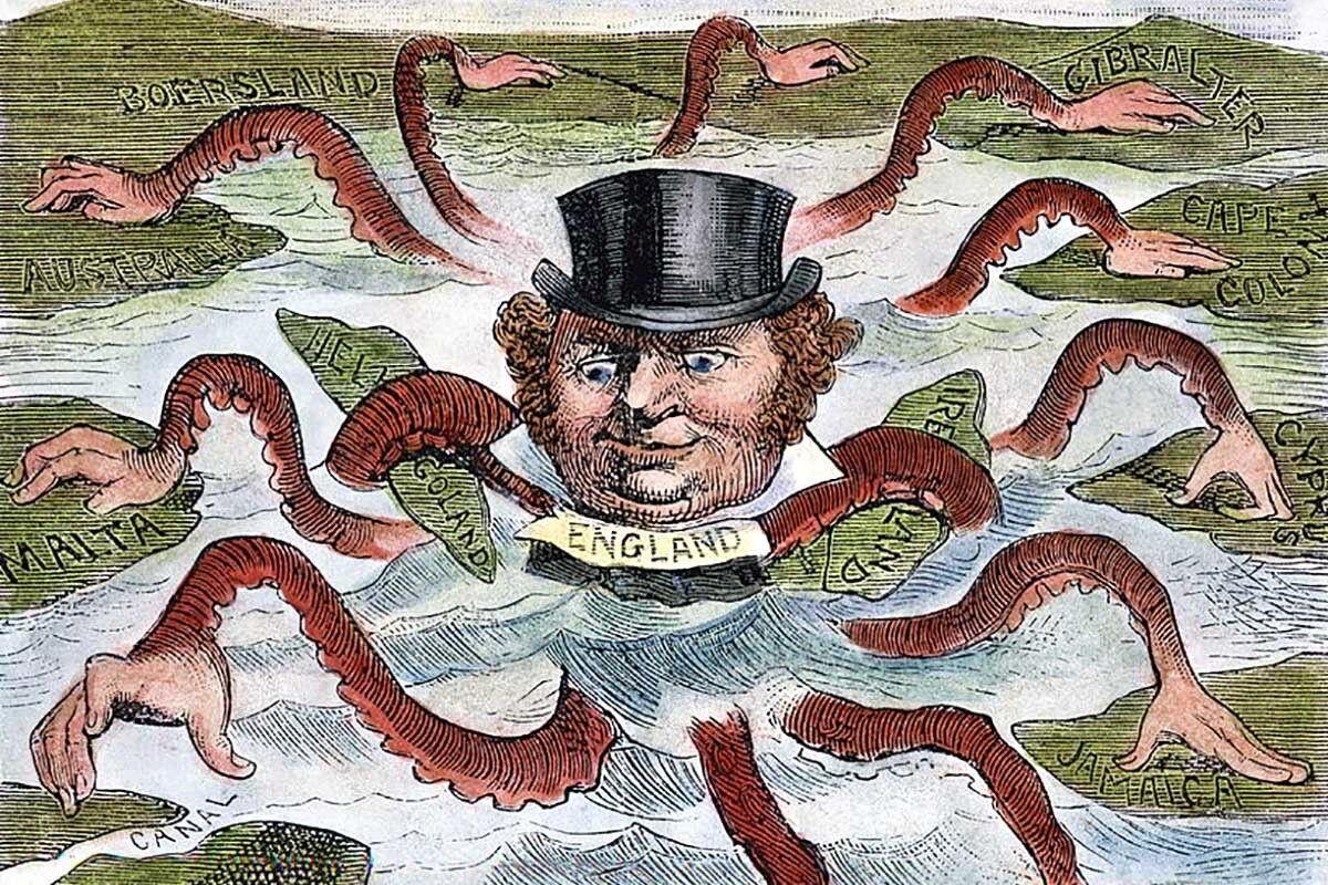 На изображении представлена карикатура, изображающая британский империализм.
