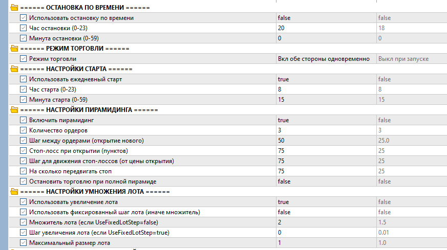 настройки выбора шага для стройки пирамиды