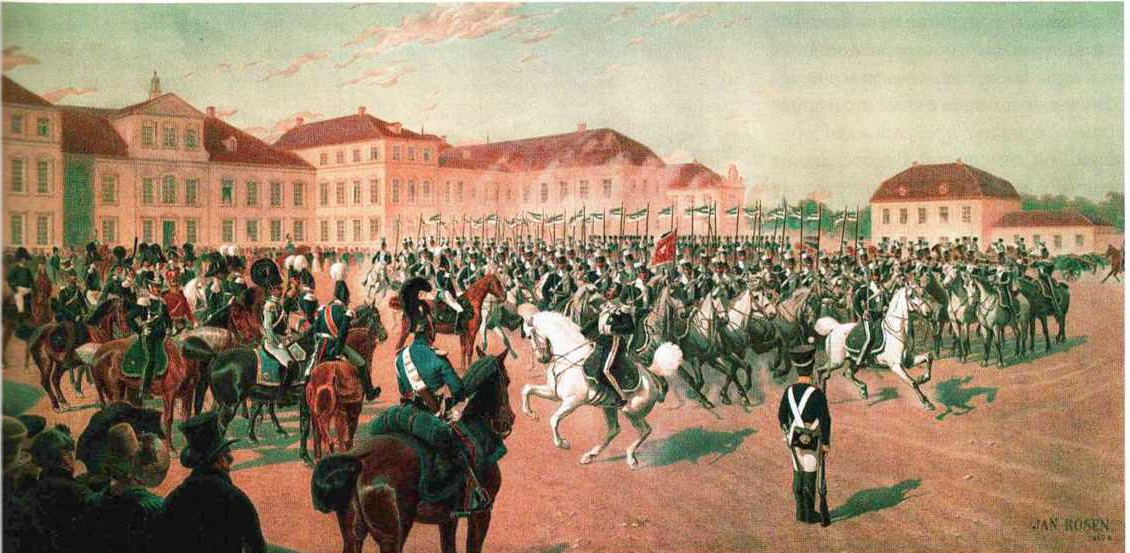 Великий князь Константин Павлович на смотре кавалерии на Саксонской площади в Варшаве в 1824 году. Худ. Я. Б. Розен. 1889 год