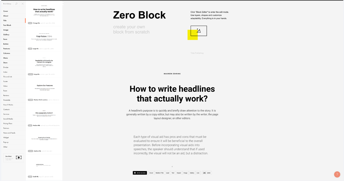 Интерфейс конструктора сайтов - Tilda