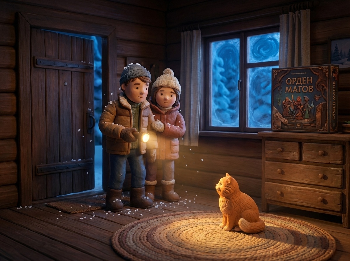 Герои сказки Ваня и Алиса, а также кот Персик в деревянном загородном доме посреди зимнего шторма