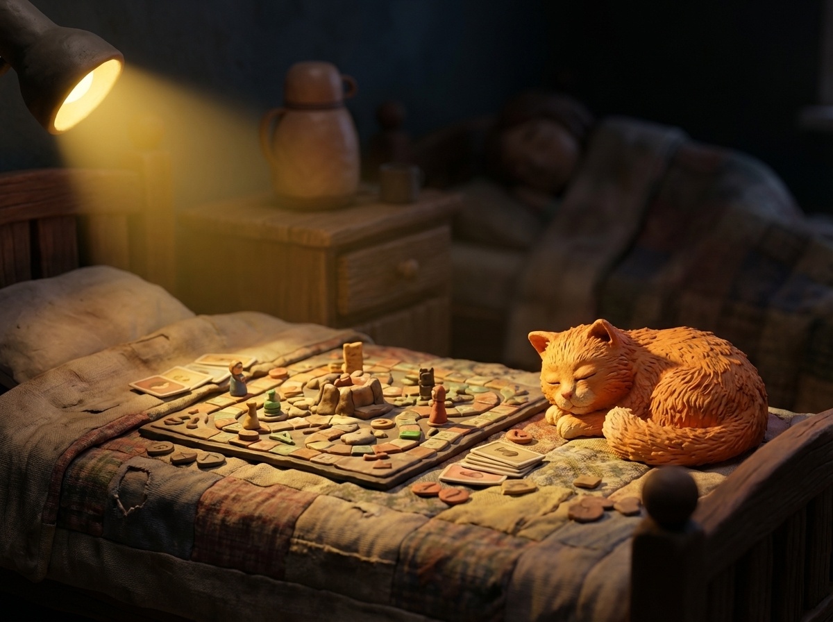 Персик – рыжий кот, уютно свернулся и спит рядом с незаконченной партией настольной игры.