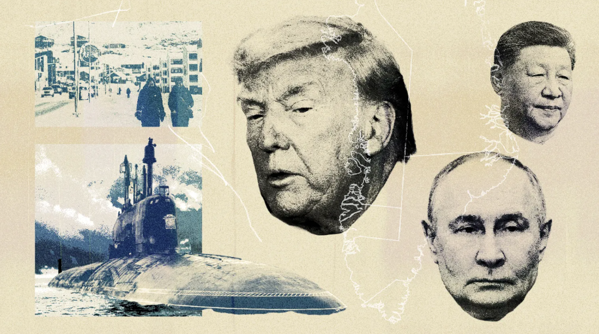 Президент Трамп заявляет, что ему необходимо контролировать Гренландию, чтобы она не попала в руки президента Си или президента Путина, чьи подводные лодки действуют вблизи © The Times