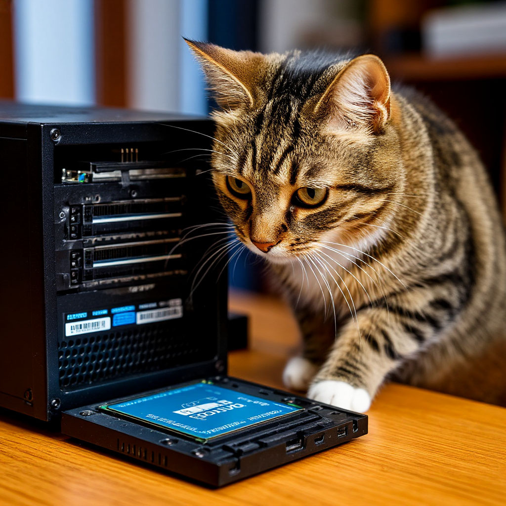 Кот устанавливает диск в пк