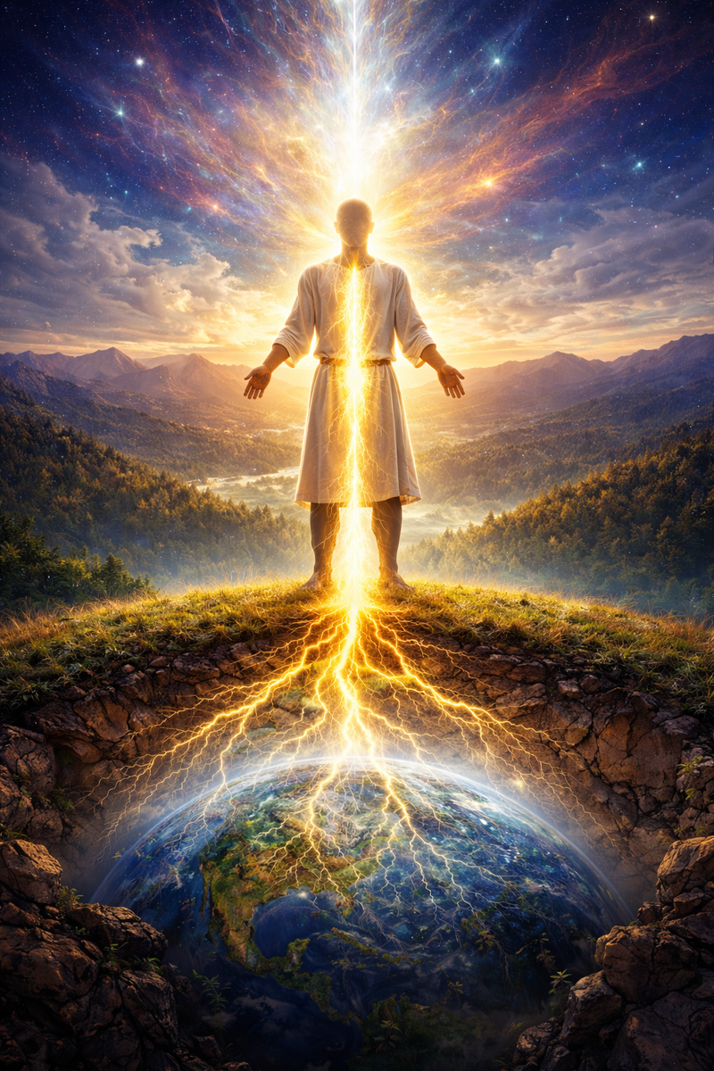 Это изображение отражает узкий путь восхождения жизни через энергию человека, соединённого с Землёй. На фото человек в сияющей, полупрозрачной духовной одежде, стоящий на холме, символизирует точность и строгость узкого пути.

Связь с Землёй: Световые корни или пучки энергии исходят из середины тела человека вниз, соединяясь с землёй, показывая, что питание и сила поступают из живой эманации Земли.

Восхождение: Сверху вниз через фигуру проходит светящийся энергетический столб, по которому энергия поднимается вверх, символизируя путь жизни через «тесные врата».

Окружение: Эфирные и космические оттенки, мягкое сияние вокруг фигуры, подчёркивают духовность и связь с Истиной.

Композиция: Центральная фигура — вертикальная ось композиции, подчёркивающая узость пути; всё пространство вокруг подчёркивает исключение лишнего и сосредоточение на движении вверх.

Эта визуализация подчёркивает ежедневное усилие, точность и восхождение энергии от Земли вверх как условие жизни в Духе и Истине.