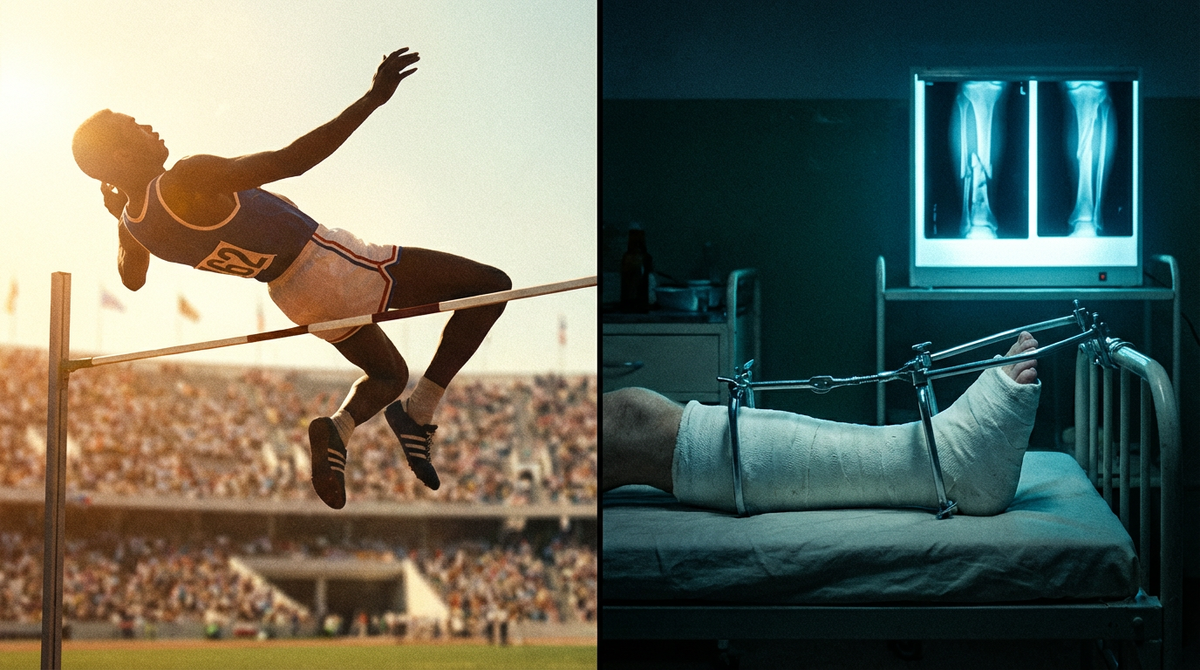  Коллаж: прыжок Валерия Брумеля и рентген сломанной ноги.