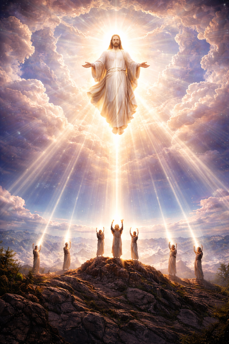 Это изображение отражает Второе Пришествие Грядущего как духовное явление, открывающееся только восходящему движению энергии.

Грядущий: В центре композиции Иисус Христос представлен светящейся, сияющей формой, без человеческих деталей, находясь на облаках. Он явлен как Сила и Слава Духа, полностью освобождённый от плотности.

Облака: Легкие, светящиеся эманации, символизирующие уровень жизни вне инерции и распада, через который происходит явление Грядущего.

Энергетическая связь: Из облаков вниз исходят лучи света, которые сходятся к восходящим фигурам на горе, отражая совпадение восхождения человека и нисхождения Духа.

Восходящие фигуры: Шесть фигур на вершине холма символизируют восходящих, входящих в соприкосновение с Грядущим без посредников, при этом не изображаются конкретные люди — акцент на энергии и движении жизни.

Свет и атмосфера: Космический свет и сияние подчёркивают духовность, величие и полноту Духа Грядущего, создавая атмосферу взаимодействия высшего порядка энергии и жизни.

Эта визуализация отражает разделение направлений энергии, узкий путь восходящих, встречу с Грядущим и абсолютную духовную полноту, которая открывается только тем, кто восходит