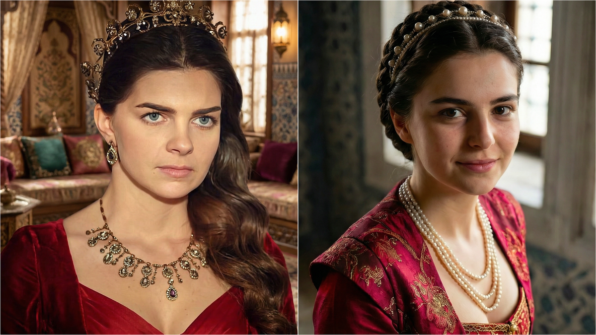 Слева - турецкая актриса Карахан Пелин в роли Михримах-султан в сериале  «Великолепный век». Справа - фото реконструкция реальной Михримах-султан