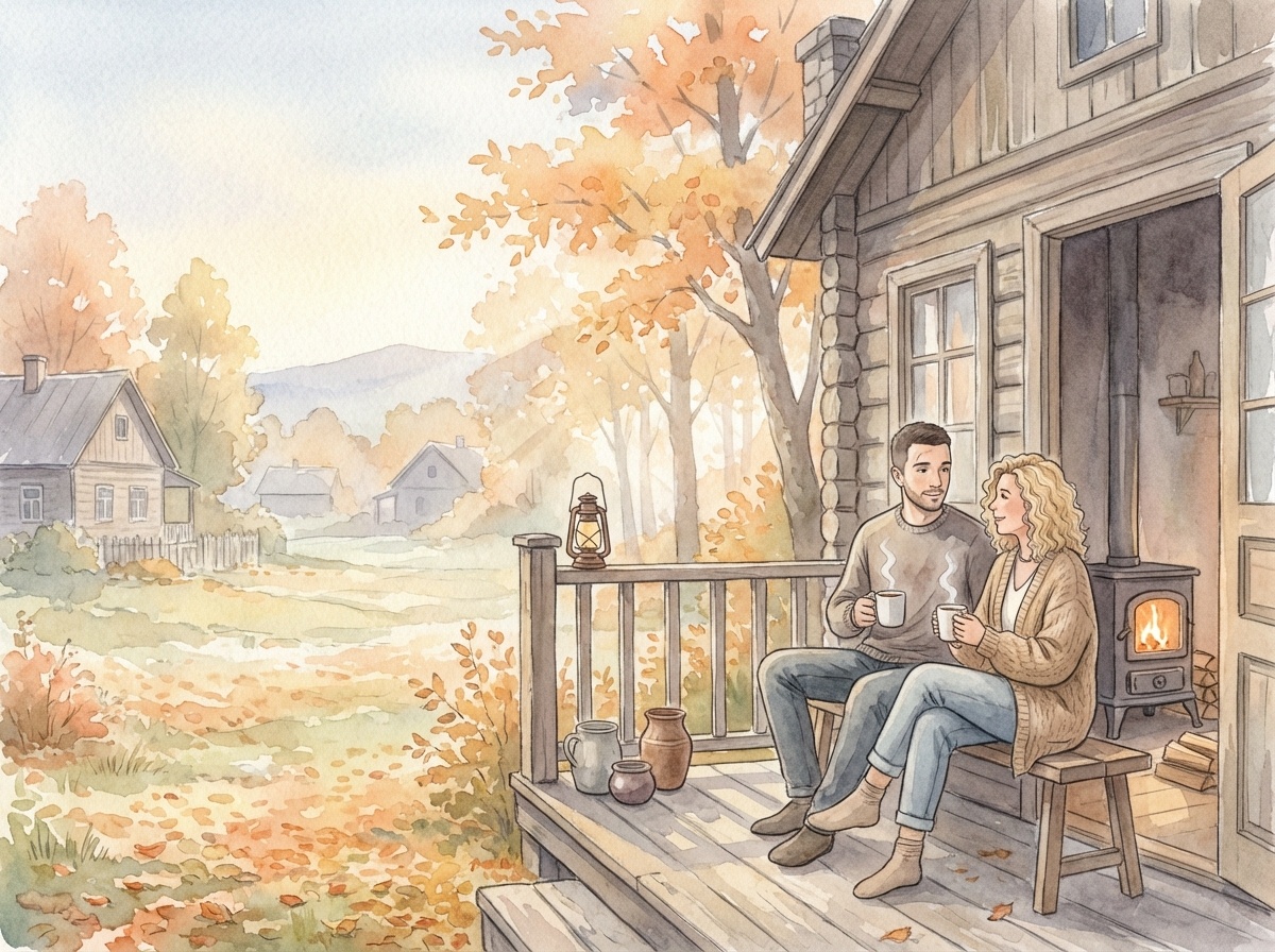 Лена и Дима сидят на осенней веранде, представляя, как изменится дача, если они совместно приложат к этому усилия. 