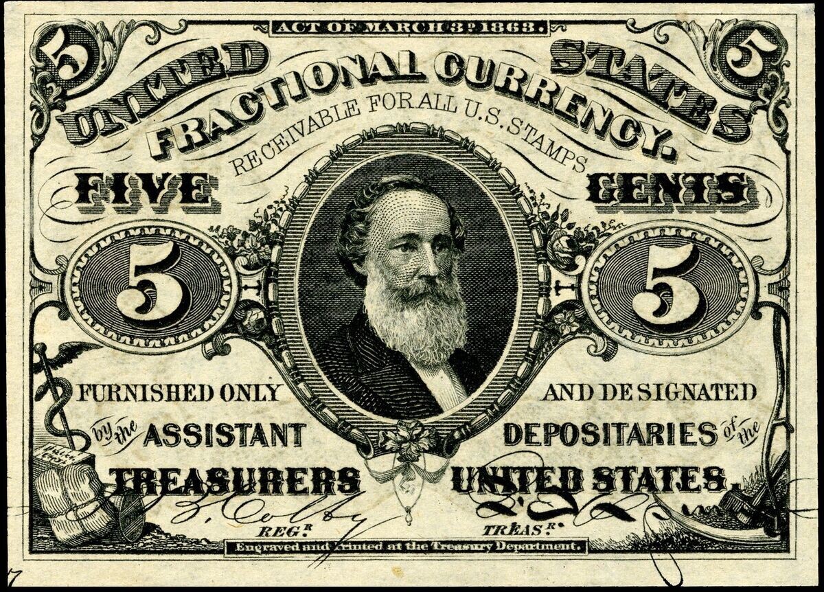 5 центовая разменная купюра XIX века с портретом Спенсера Кларка 