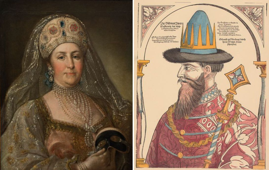 Неизвестный художник (по оригиналу Стефано Торелли). «Портрет императрицы Екатерины II в русском платье», последняя треть 18 века, Государственный исторический музей, Москва © Public domain // Ханс Вейгель старший. «Портрет царя Иоанна Грозного», гравюра, 1563 год © Public domain