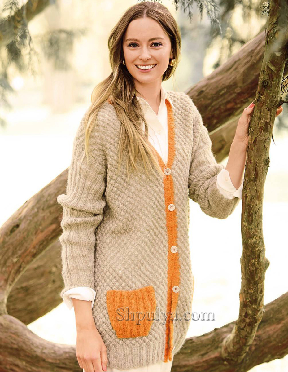 Вязаный кардиган с накладными карманами и узором из «розочек»