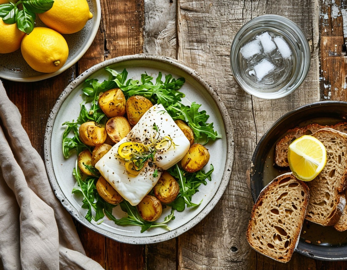 Запечённая треска с лимоном и картошкой.