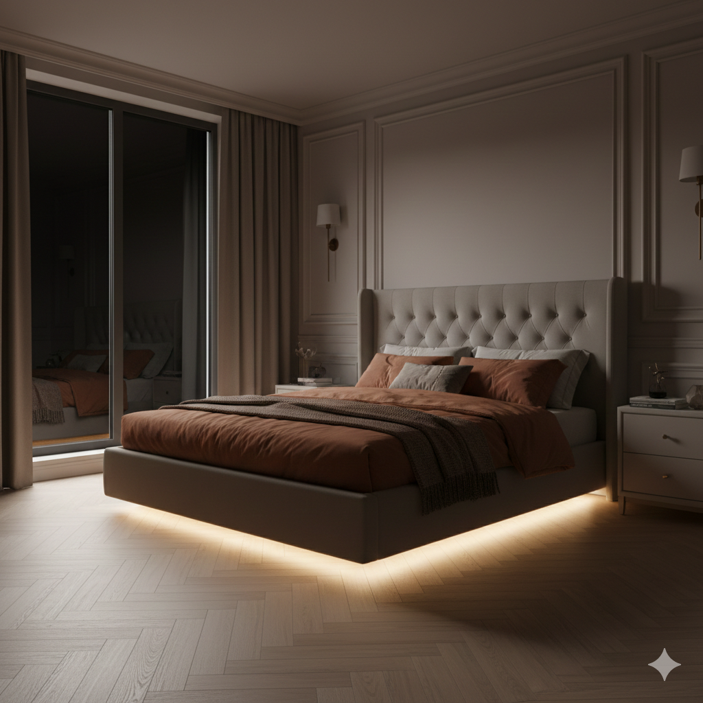 Парящая кровать с подсветкой. Изображение сгенерировано автором в Nano Banano