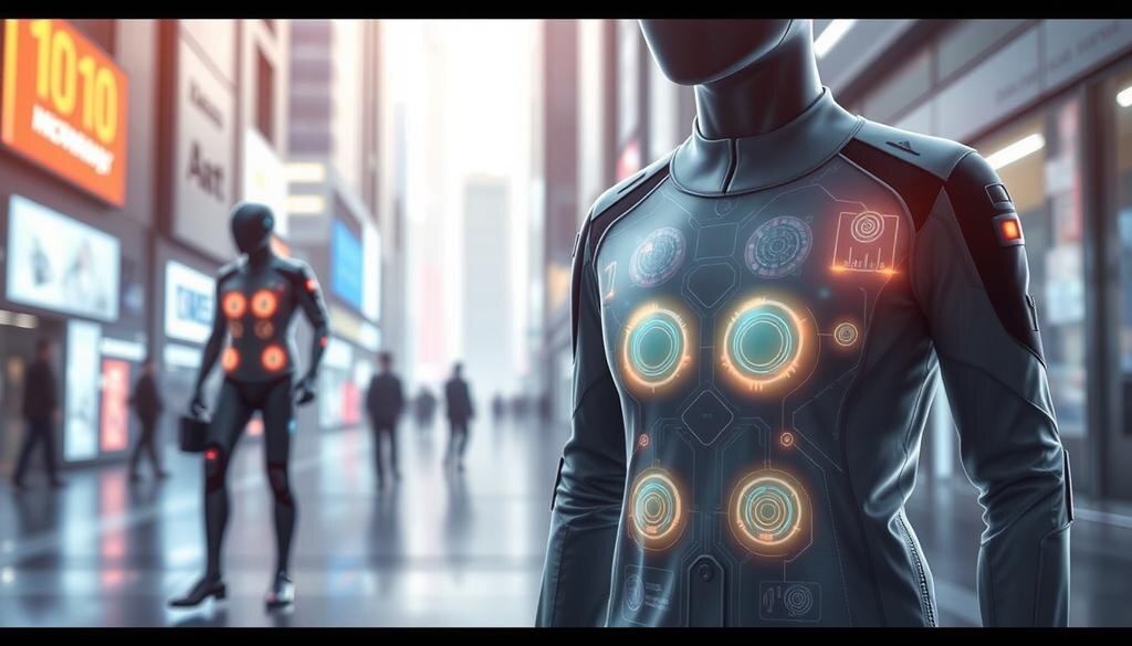    Изображение умной одежды с датчиками на фоне технологического города.
