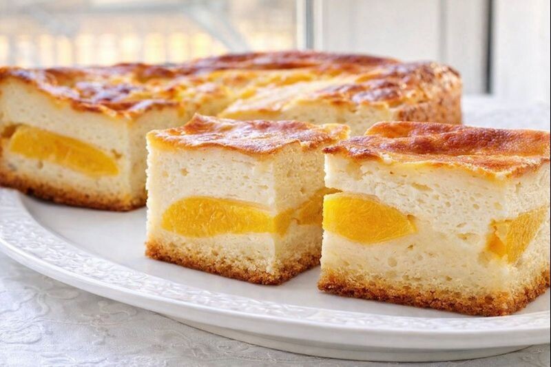 Открытый пирог с консервированными персиками, творогом и сметанной заливкой