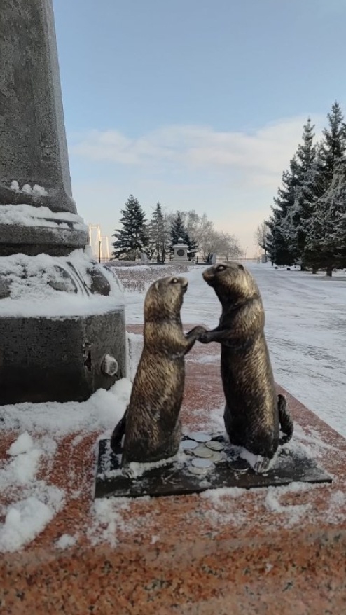 Суслики-молодожены возле памятника путешественнику и дипломату Н. Резанову. Резанов - прообраз главного героя в рок-опере "Юнона и Авось"