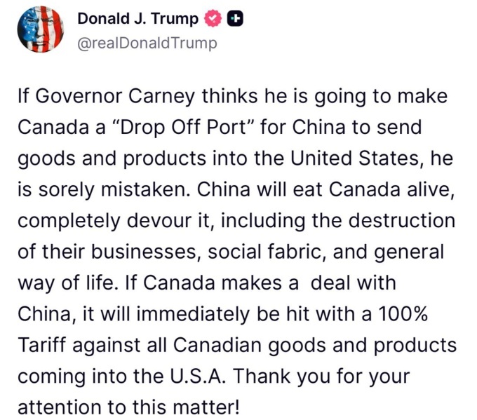    Вашингтон против Пекина через Оттаву: Трамп угрожает Канаде 100% пошлинами из-за сближения с Китаем