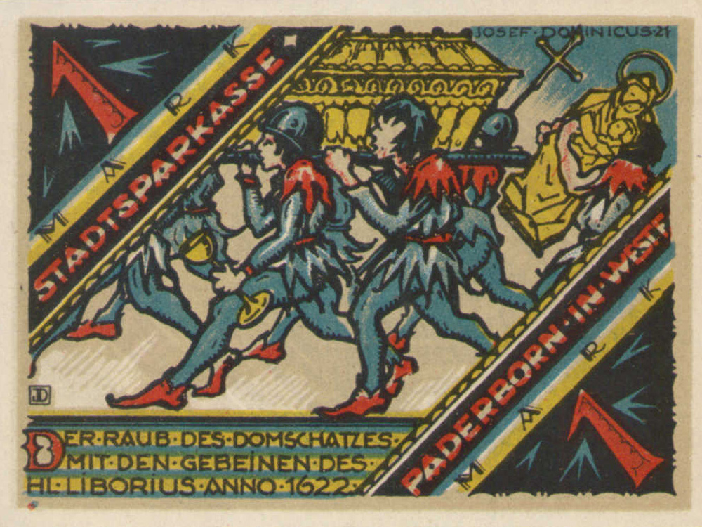 Нотгельд города Падерборн, 1 марка 1921. Разграбление Падерборна в феврале 1622 года. Были разграблены церкви и похищены церковные реликвии.