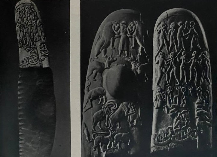 Обсидиановый нож с рукояткой из слоновой кости из Джебель-эль-Арака. На одной стороне рукоятки изображен сражающийся со львами мужчина в месопотамском одеянии, на другой стороне внизу - бой месопотамских и египетских по типу судов. Период до объединения Египта