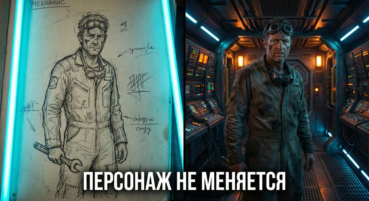 Сравнение скетча и финального результата генерации постоянного персонажа в нейросети.