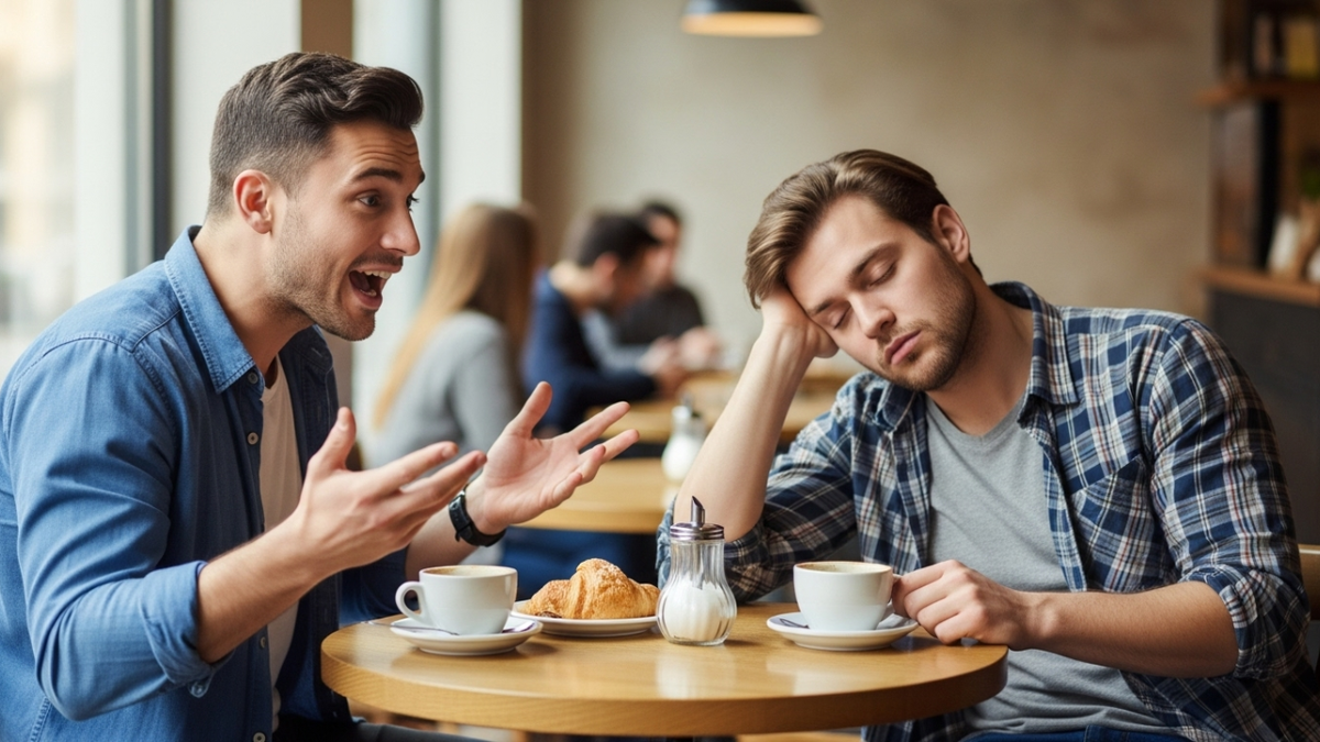 Два друга сидят в кафе: один эмоционально рассказывает, жестикулирует, другой слушает, но выглядит уставшим и перегруженным.