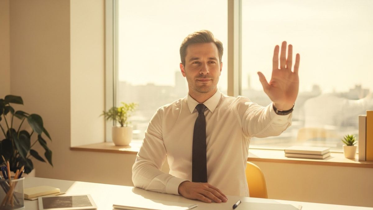 человек уверенно ставит ладонь вперёд в мягком жесте “стоп”, на лице спокойная уверенность