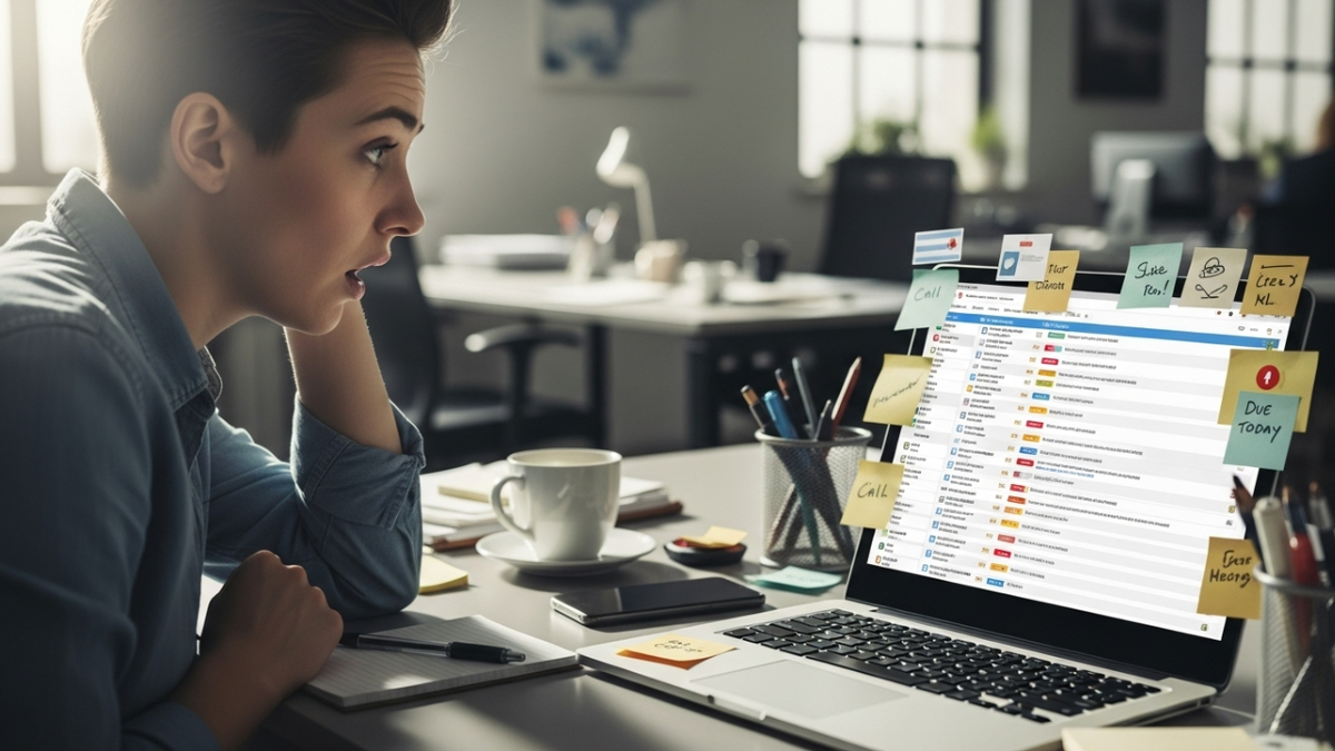 Ситуация на работе: сотрудник смотрит на переполненный список задач на ноутбуке, рядом — уведомления и стикеры, выражение лёгкого усталого удивления;