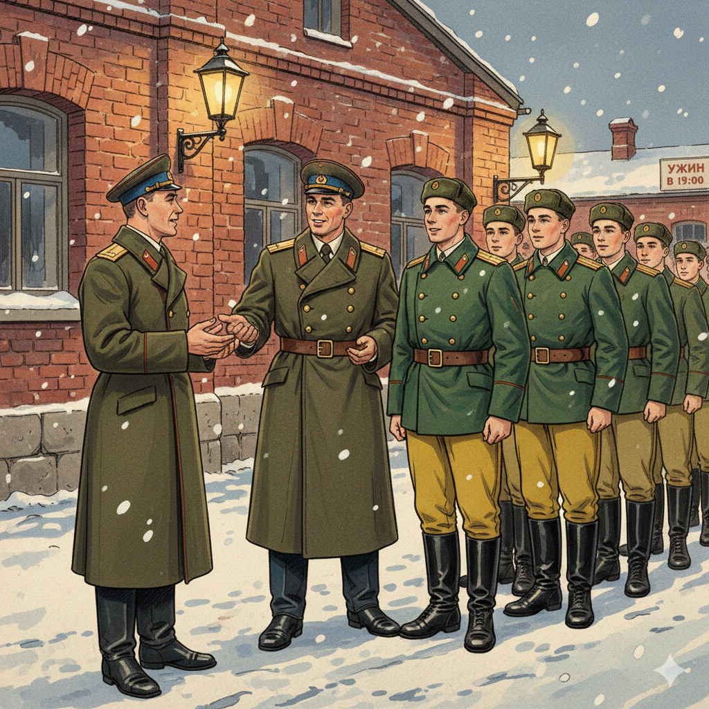 После знакомства с расположением роты, видите курсантов на ужин! На праздничный ужин в честь прибытия в учебный батальон связи. Лучший учебный батальон! - Есть товарищ подполковник! Третья рота бегом на второй этаж по одному... Картинка создана ии, по описанию автора специально для этого рассказа.